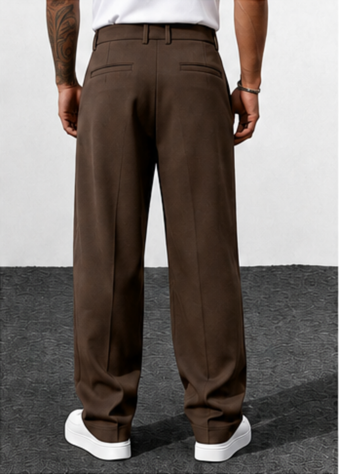Back view of AceGolfSocial taupe Performance Pleated Chinos, showing double welt pockets and a relaxed straight leg.