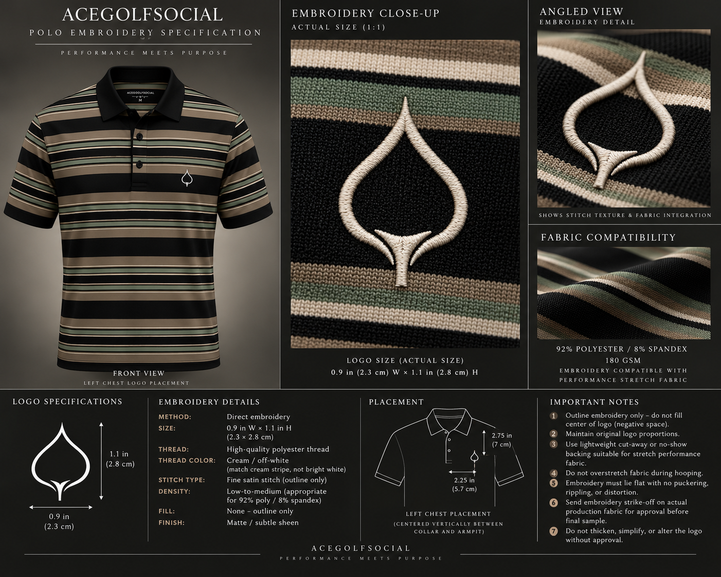 Black, taupe, cream and muted green striped polo with embroidered spade